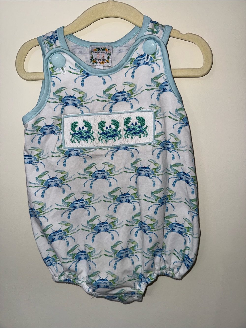 Smocked Crab Tank One-Piece Romper - Light Blue